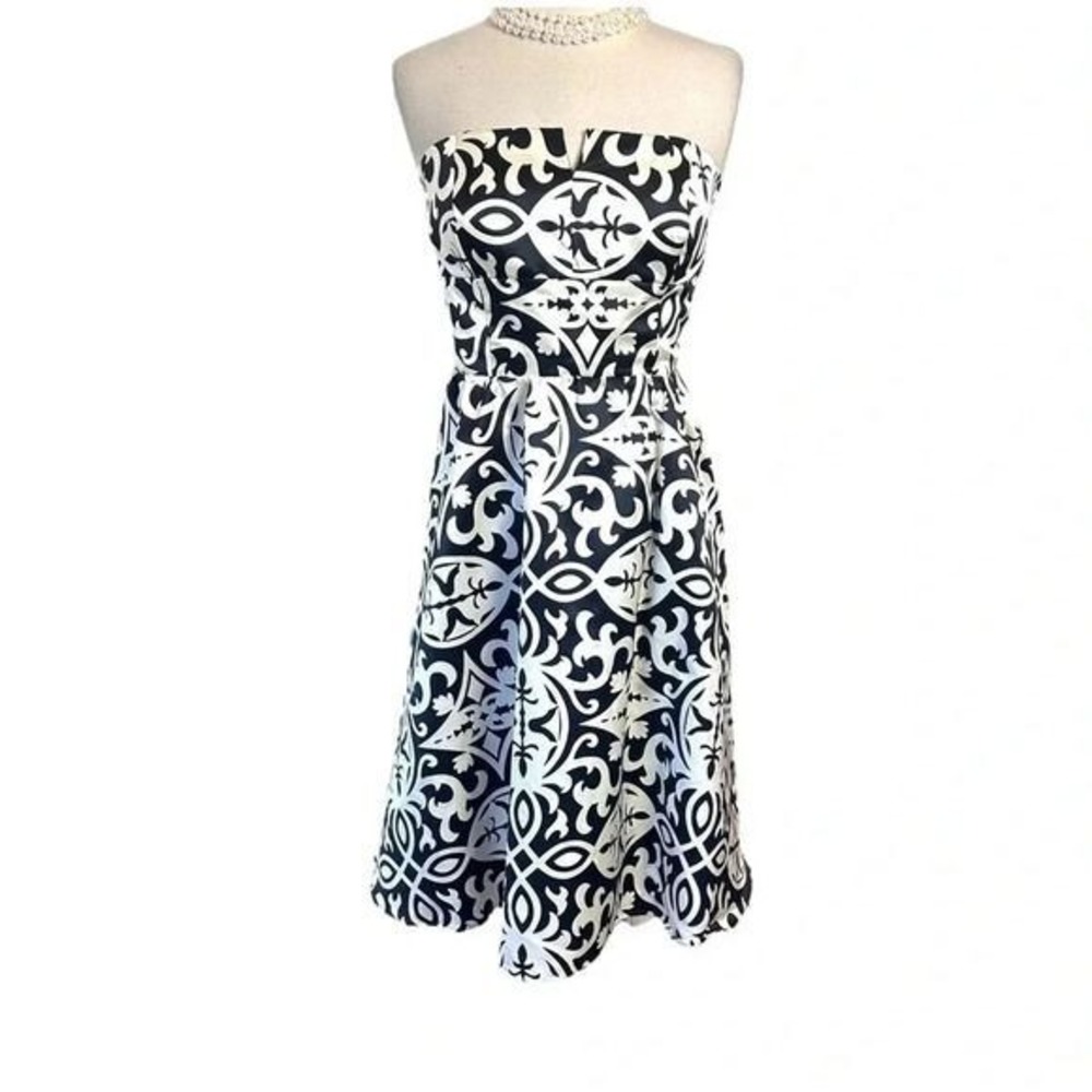 INC International Concepts Strapless Dress 12 Black White Damask Cotton Silk